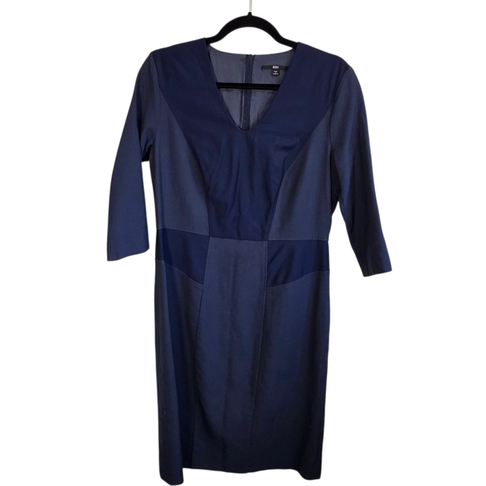 BOSS Hugo Boss Navy Wool Sheath Dress US 8 V Neck 3/4 Sleeve Career Office Midi - Picture 9 of 14
